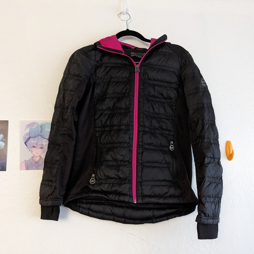 Michael Kors Black and Pink Puffer Jacket with Hood